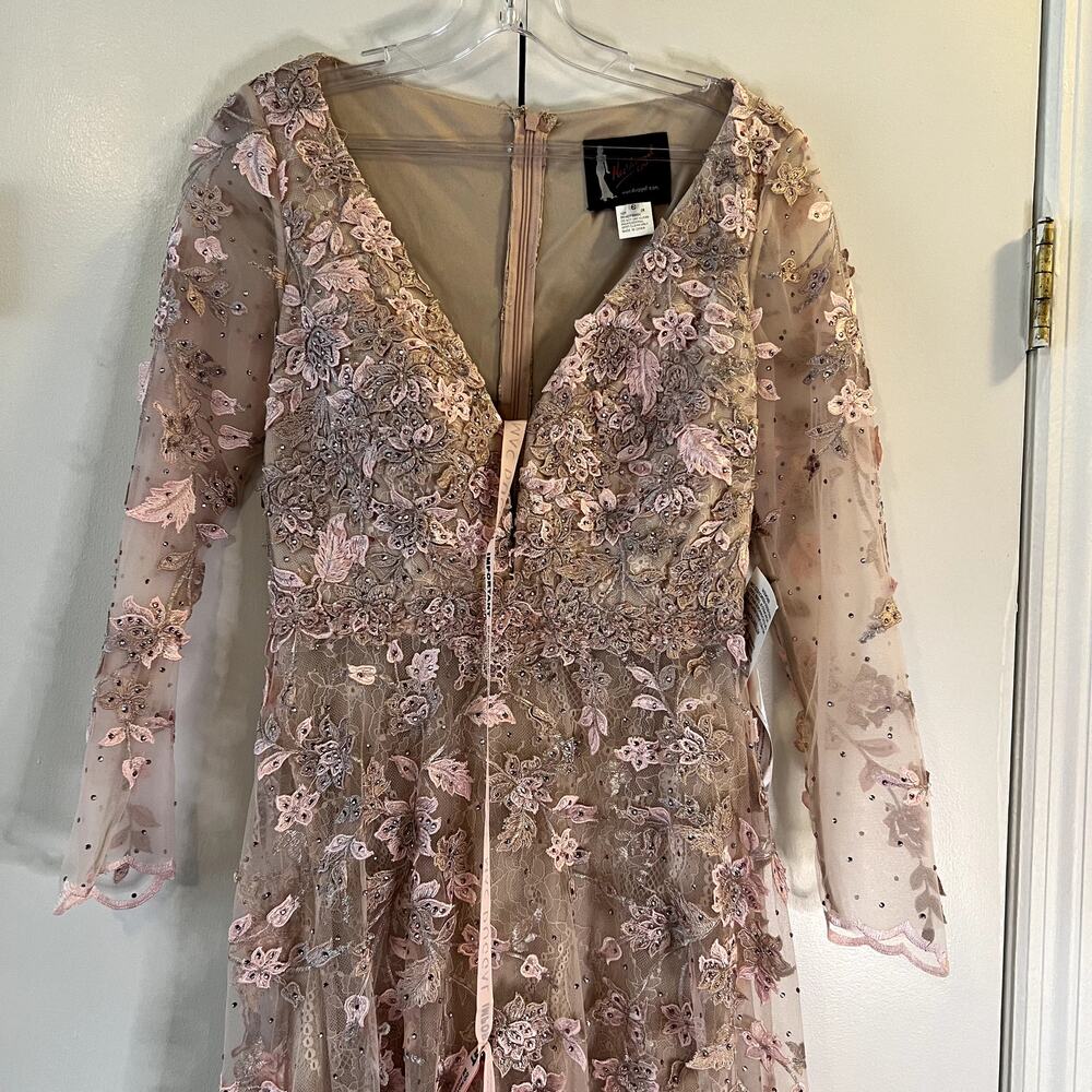 Mac Duggal Pink Floral Applique Illusion Long Sleeve Gown 70224 Sz 6 NWT - Picture 6 of 9